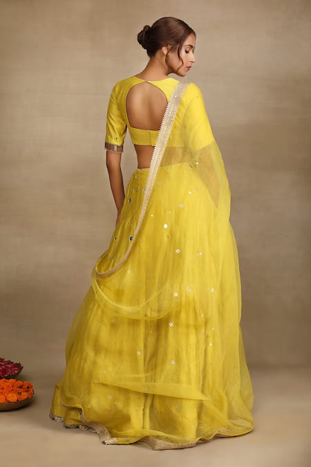Shop Trendy Tokari Yellow Organza, Silk, Chanderi, Linen Zari Bud Bloom Embroidered Lehenga Set at Aza Fashions Shop_Trendy Tokari_Yellow Organza, Silk, Chanderi, Linen Zari Bud Bloom Embroidered Lehenga Set _at_Aza_Fashions