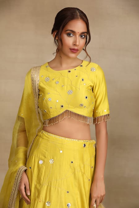 Trendy Tokari Yellow Organza, Silk, Chanderi, Linen Zari Bud Bloom Embroidered Lehenga Set Online at Aza Fashions Trendy Tokari_Yellow Organza, Silk, Chanderi, Linen Zari Bud Bloom Embroidered Lehenga Set _Online_at_Aza_Fashions