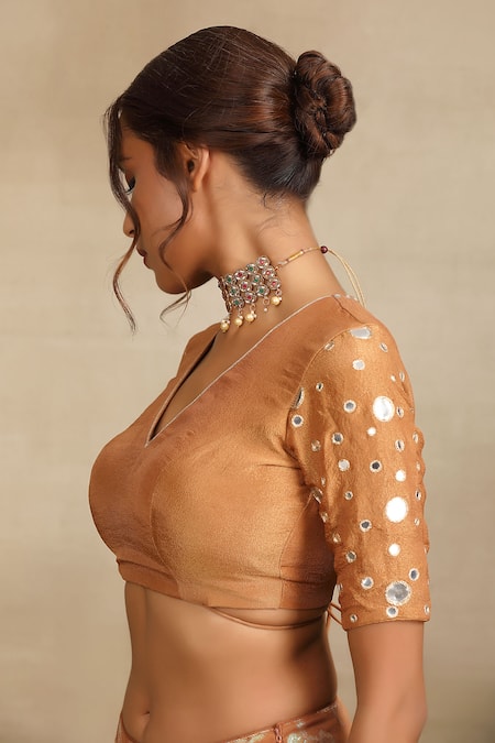 Trendy Tokari_Beige Georgette, , Satin Zari, Mirrors Gulbahar Woven Lehenga Set _Online_at_Aza_Fashions