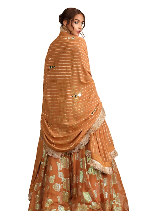 Shop_Trendy Tokari_Beige Georgette, , Satin Zari, Mirrors Gulbahar Woven Lehenga Set _Online_at_Aza_Fashions