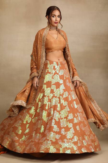 Trendy Tokari_Beige Georgette, , Satin Zari, Mirrors Gulbahar Woven Lehenga Set _at_Aza_Fashions