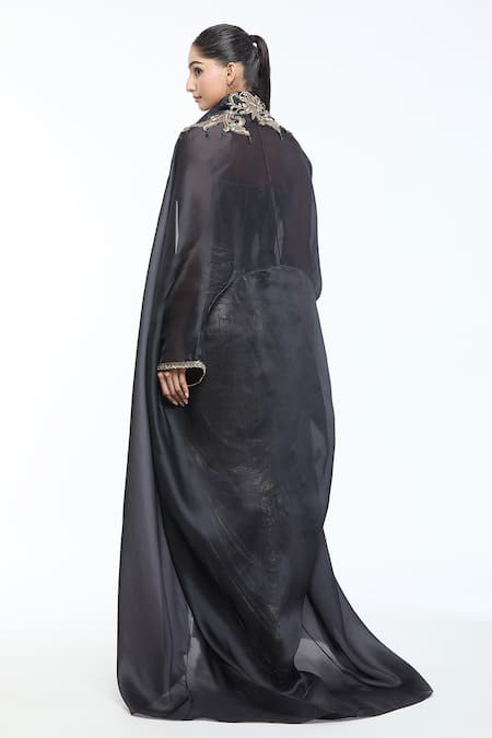 Tarun Tahiliani Crystal Embellished Cape Draped Skirt Set 