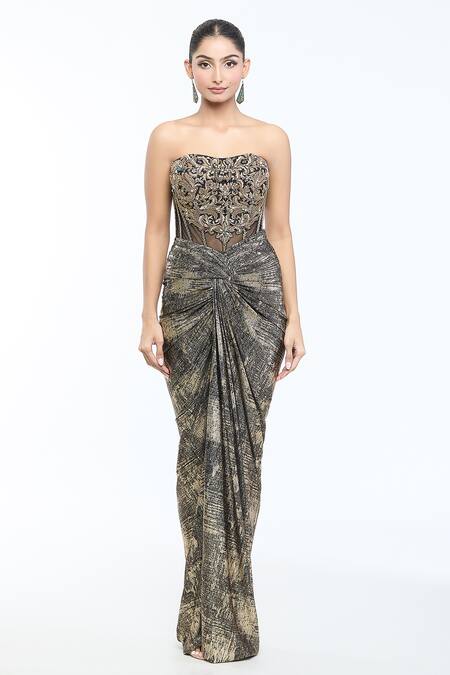 Shop_Tarun Tahiliani_Black Tulle, Jersey Crystals, Sequins, Zari Embellished Cape Draped Skirt Set _Online_at_Aza_Fashions