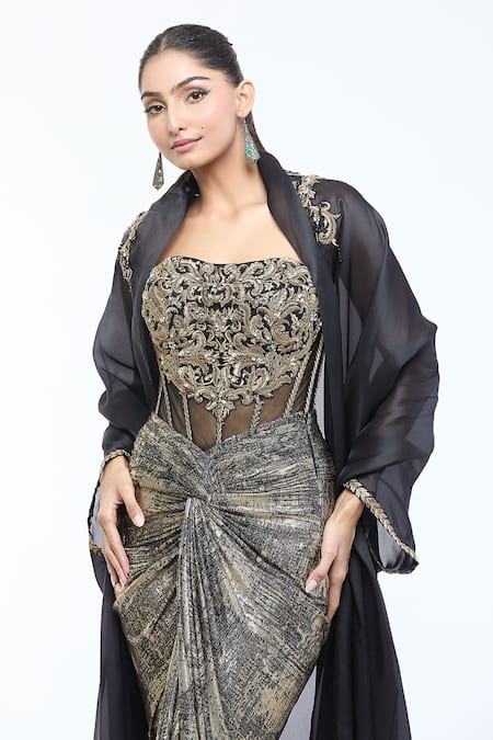 Buy_Tarun Tahiliani_Black Tulle, Jersey Crystals, Sequins, Zari Embellished Cape Draped Skirt Set 