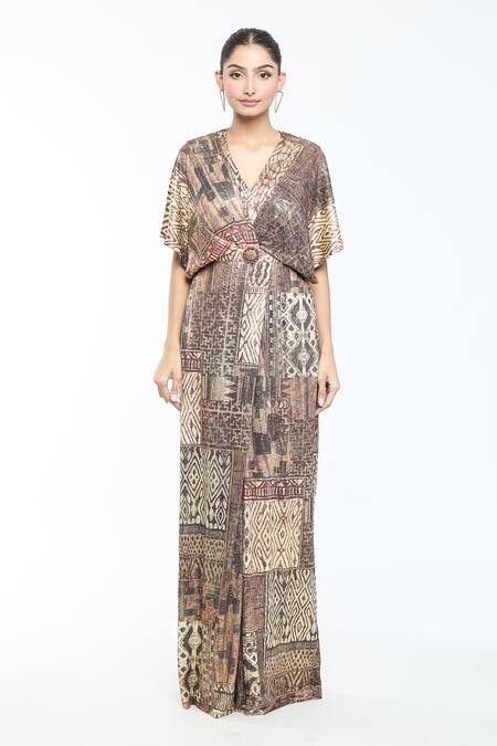 Tarun Tahiliani_Brown Foil Jersey Printed Geometric Plunge V Neck Jumpsuit _Online_at_Aza_Fashions