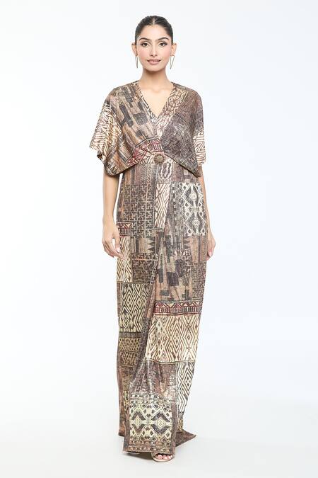 Buy_Tarun Tahiliani_Brown Foil Jersey Printed Geometric Plunge V Neck Jumpsuit _Online_at_Aza_Fashions