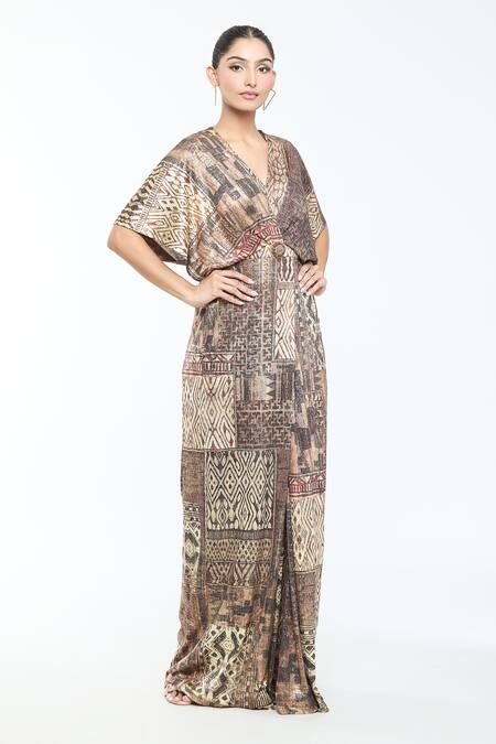Shop_Tarun Tahiliani_Brown Foil Jersey Printed Geometric Plunge V Neck Jumpsuit _Online_at_Aza_Fashions