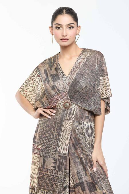 Tarun Tahiliani_Brown Foil Jersey Printed Geometric Plunge V Neck Jumpsuit _at_Aza_Fashions