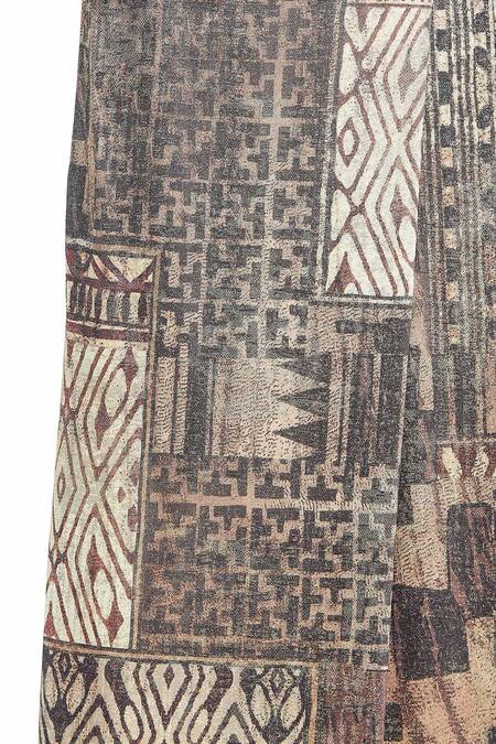 Buy_Tarun Tahiliani_Brown Foil Jersey Printed Geometric Plunge V Neck Jumpsuit 