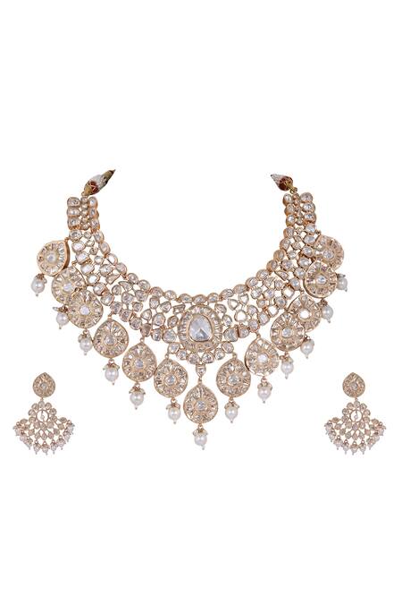 Buy Auraa Trends Gold Plated Imitation Diamonds Kundan Embellished Necklace With Earrings Online at Aza Fashions Buy_Auraa Trends_Gold Plated Imitation Diamonds Kundan Embellished Necklace With Earrings _Online_at_Aza_Fashions