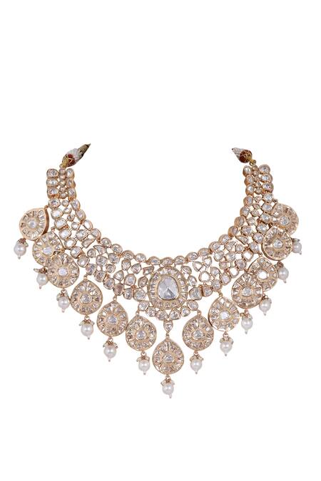 Shop_Auraa Trends_Gold Plated Imitation Diamonds Kundan Embellished Necklace With Earrings _Online_at_Aza_Fashions