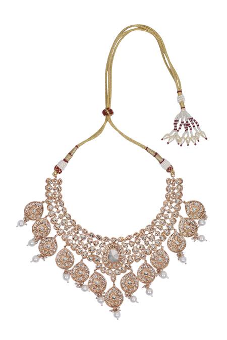 Buy_Auraa Trends_Gold Plated Imitation Diamonds Kundan Embellished Necklace With Earrings 