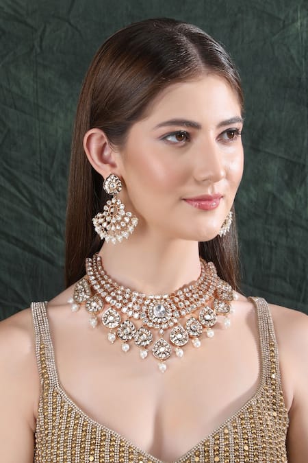 Auraa Trends Gold Plated Imitation Diamonds Kundan Embellished Necklace With Earrings 