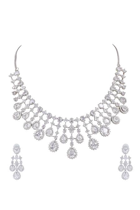 Auraa Trends_White Imitation Diamonds American Zircon Necklace Set_Online_at_Aza_Fashions