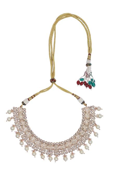 Auraa Trends_Gold Plated Stones, Pearls Kundan Embellished Necklace And Earrings Set _at_Aza_Fashions