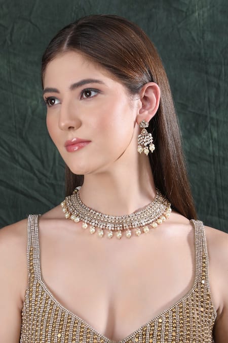 Auraa Trends Gold Plated Stones, Pearls Kundan Embellished Necklace And Earrings Set 