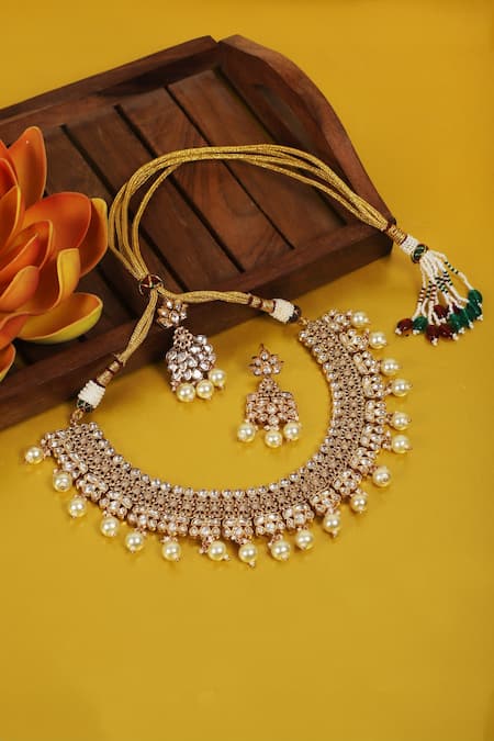 Auraa Trends_Gold Plated Stones, Pearls Kundan Embellished Necklace And Earrings Set _Online_at_Aza_Fashions
