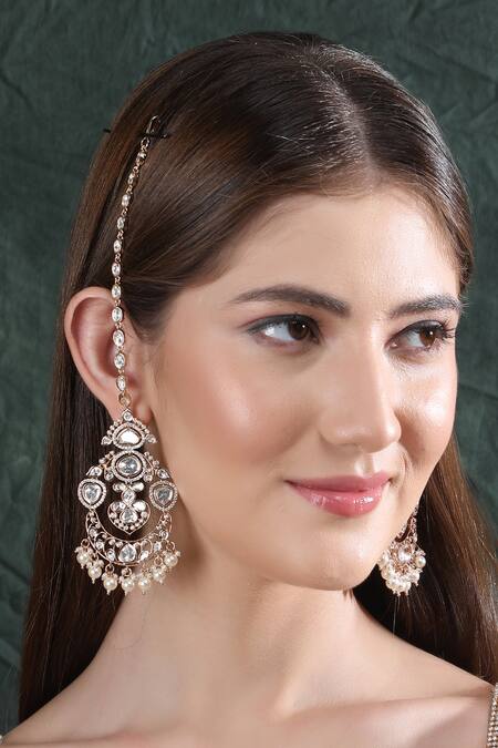 Shop_Auraa Trends_Gold Plated Stones Embellished Chand Earrings _Online_at_Aza_Fashions