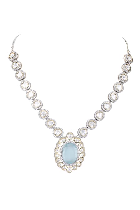 Shop_Auraa Trends_Blue Stones, Faux Diamonds Rhodium Plated Embellished Necklace Set _Online_at_Aza_Fashions