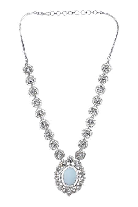 Buy_Auraa Trends_Blue Stones, Faux Diamonds Rhodium Plated Embellished Necklace Set 