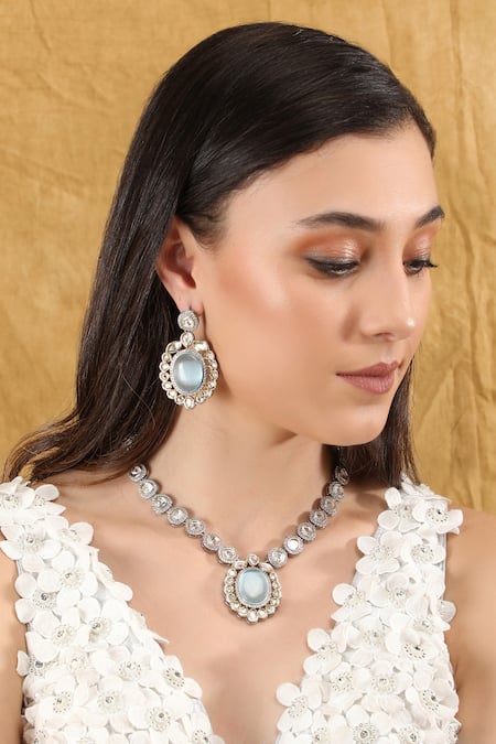 Auraa Trends Blue Stones, Faux Diamonds Rhodium Plated Embellished Necklace Set 