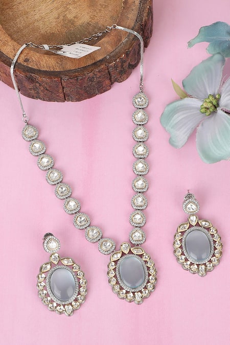 Auraa Trends_Blue Stones, Faux Diamonds Rhodium Plated Embellished Necklace Set _Online_at_Aza_Fashions