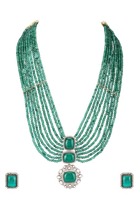 Buy Auraa Trends Green Stones, Zari Multi Layered Pendant Necklace Set Online at Aza Fashions Buy_Auraa Trends_Green Stones, Zari Multi Layered Pendant Necklace Set _Online_at_Aza_Fashions