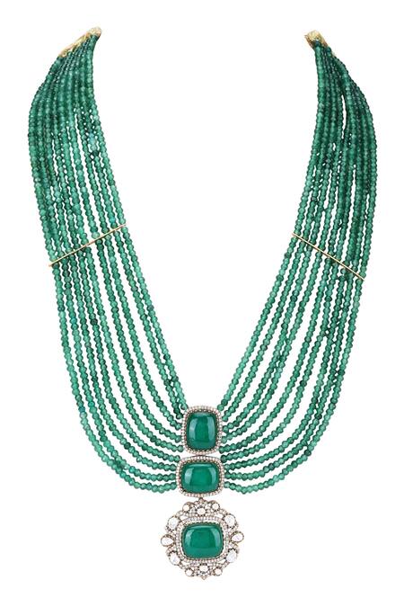 Shop_Auraa Trends_Green Stones, Zari Multi Layered Pendant Necklace Set _Online_at_Aza_Fashions