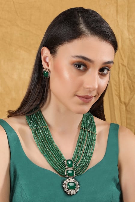 Auraa Trends Green Stones, Zari Multi Layered Pendant Necklace Set 