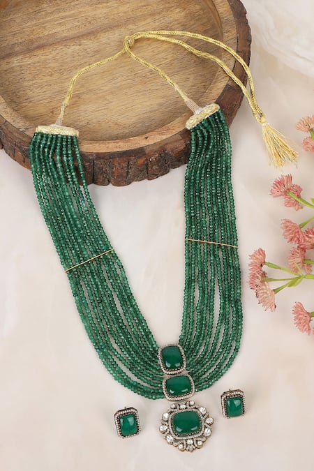 Auraa Trends_Green Stones, Zari Multi Layered Pendant Necklace Set _Online_at_Aza_Fashions