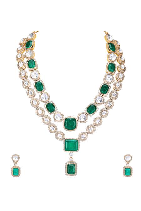 Auraa Trends Green Stones, Zari Double Layered Kundan Necklace Set Online at Aza Fashions Auraa Trends_Green Stones, Zari Double Layered Kundan Necklace Set _Online_at_Aza_Fashions