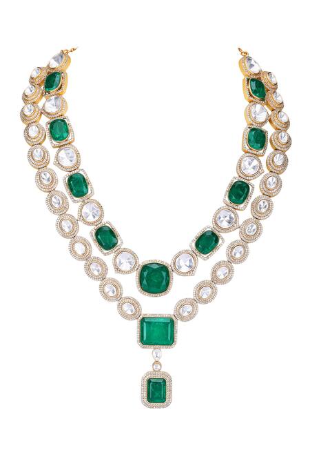 Buy_Auraa Trends_Green Stones, Zari Double Layered Kundan Necklace Set _Online_at_Aza_Fashions