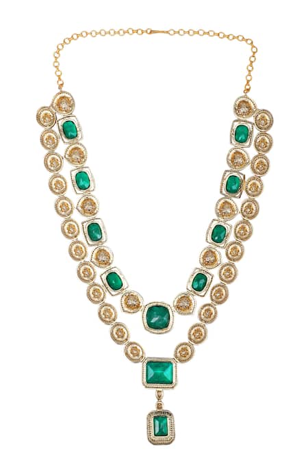 Buy_Auraa Trends_Green Stones, Zari Double Layered Kundan Necklace Set 