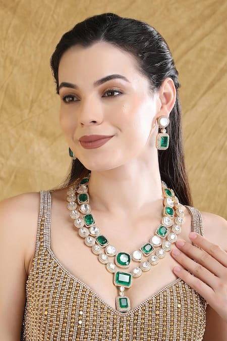 Auraa Trends Green Stones, Zari Double Layered Kundan Necklace Set 