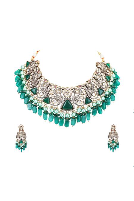 Buy Auraa Trends Green Stones Peacock Feather Embellished Necklace Set Online at Aza Fashions Buy_Auraa Trends_Green Stones Peacock Feather Embellished Necklace Set _Online_at_Aza_Fashions