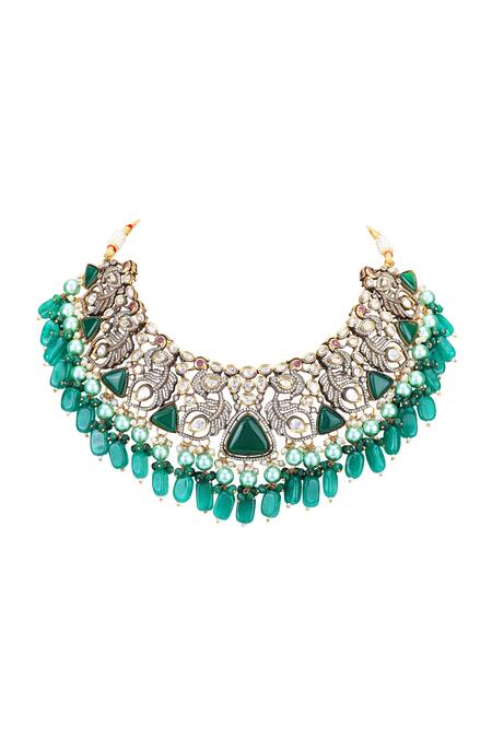 Shop_Auraa Trends_Green Stones Peacock Feather Embellished Necklace Set _Online_at_Aza_Fashions