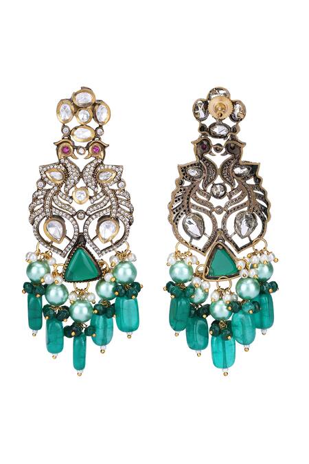 Auraa Trends_Green Stones Peacock Feather Embellished Necklace Set _at_Aza_Fashions