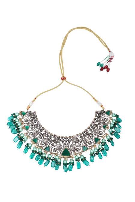 Buy_Auraa Trends_Green Stones Peacock Feather Embellished Necklace Set 