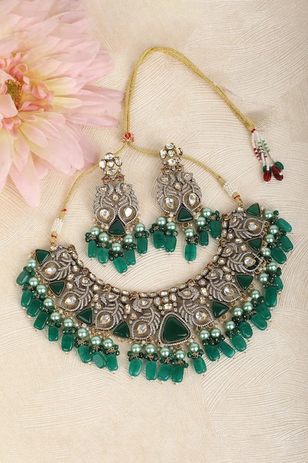 Auraa Trends_Green Stones Peacock Feather Embellished Necklace Set _Online_at_Aza_Fashions