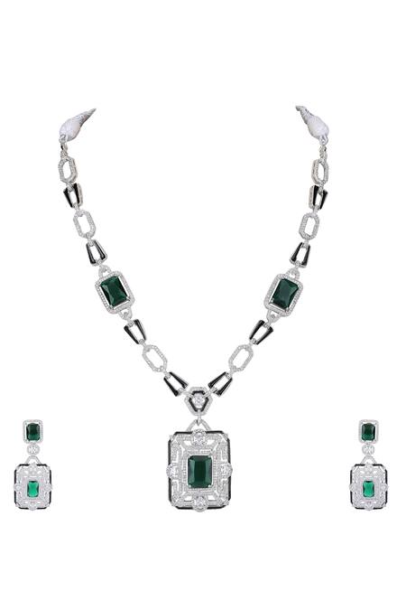 Buy Auraa Trends Green Stones, Diamonds Geometric Cutwork Embellished Pendant Necklace Online at Aza Fashions Buy_Auraa Trends_Green Stones, Diamonds Geometric Cutwork Embellished Pendant Necklace _Online_at_Aza_Fashions