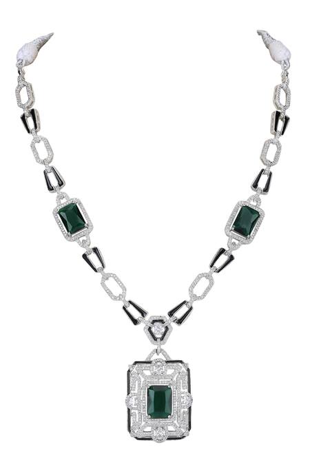 Shop_Auraa Trends_Green Stones, Diamonds Geometric Cutwork Embellished Pendant Necklace _Online_at_Aza_Fashions