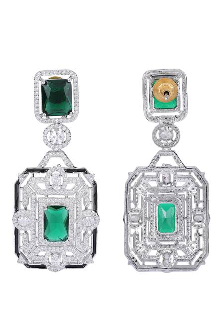 Auraa Trends Green Stones, Diamonds Geometric Cutwork Embellished Pendant Necklace at Aza Fashions Auraa Trends_Green Stones, Diamonds Geometric Cutwork Embellished Pendant Necklace _at_Aza_Fashions