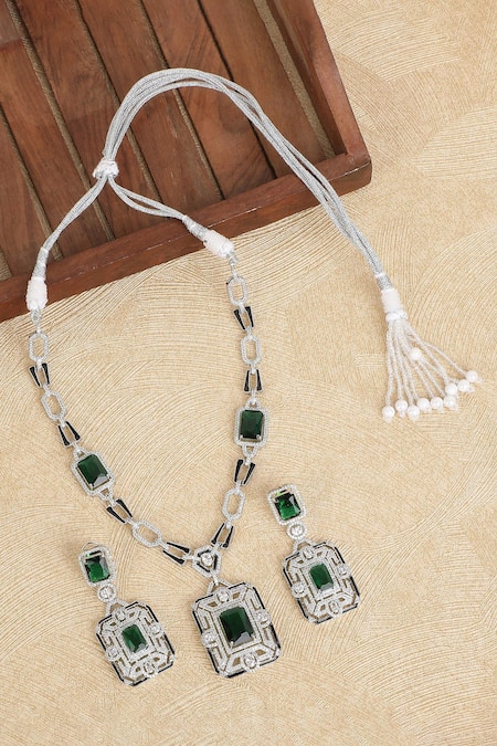 Auraa Trends_Green Stones, Diamonds Geometric Cutwork Embellished Pendant Necklace _Online_at_Aza_Fashions