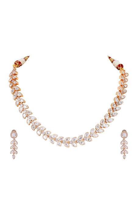 Buy Auraa Trends Gold Plated Diamonds, Stones Kundan Leaf Embellished Necklace Set Online at Aza Fashions Buy_Auraa Trends_Gold Plated Diamonds, Stones Kundan Leaf Embellished Necklace Set _Online_at_Aza_Fashions