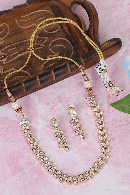Auraa Trends_Gold Plated Diamonds, Stones Kundan Leaf Embellished Necklace Set _Online_at_Aza_Fashions