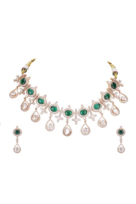 Buy Auraa Trends Green Stones, Diamonds American Zircon Studded Necklace Set Online at Aza Fashions Buy_Auraa Trends_Green Stones, Diamonds American Zircon Studded Necklace Set _Online_at_Aza_Fashions