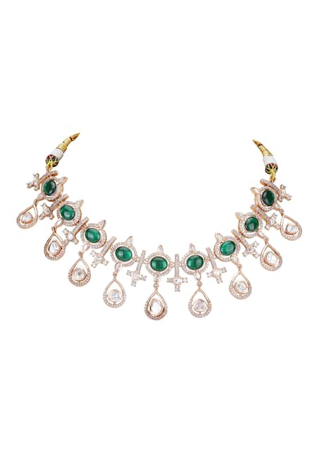 Shop_Auraa Trends_Green Stones, Diamonds American Zircon Studded Necklace Set _Online_at_Aza_Fashions