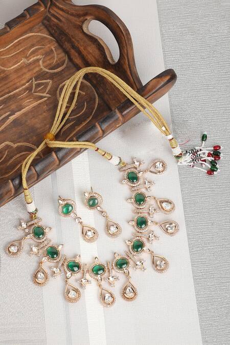 Auraa Trends_Green Stones, Diamonds American Zircon Studded Necklace Set _Online_at_Aza_Fashions