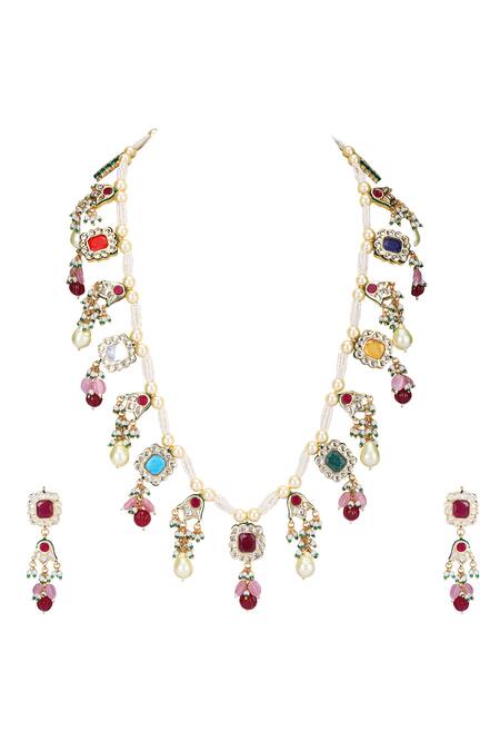 Buy_Auraa Trends_Red Stones Navratna Embellished Necklace Set _Online_at_Aza_Fashions