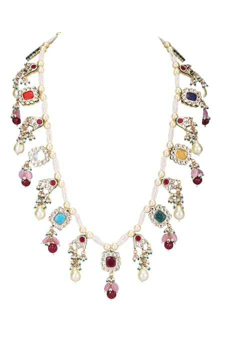 Shop_Auraa Trends_Red Stones Navratna Embellished Necklace Set _Online_at_Aza_Fashions